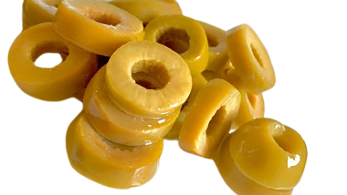 Sliced green olives offering crisp flavor, firm texture, and dependable quality for export.