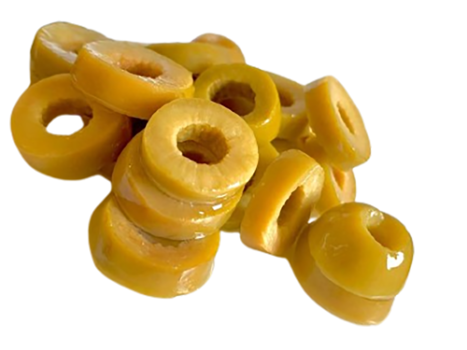 Sliced green olives offering crisp flavor, firm texture, and dependable quality for export.